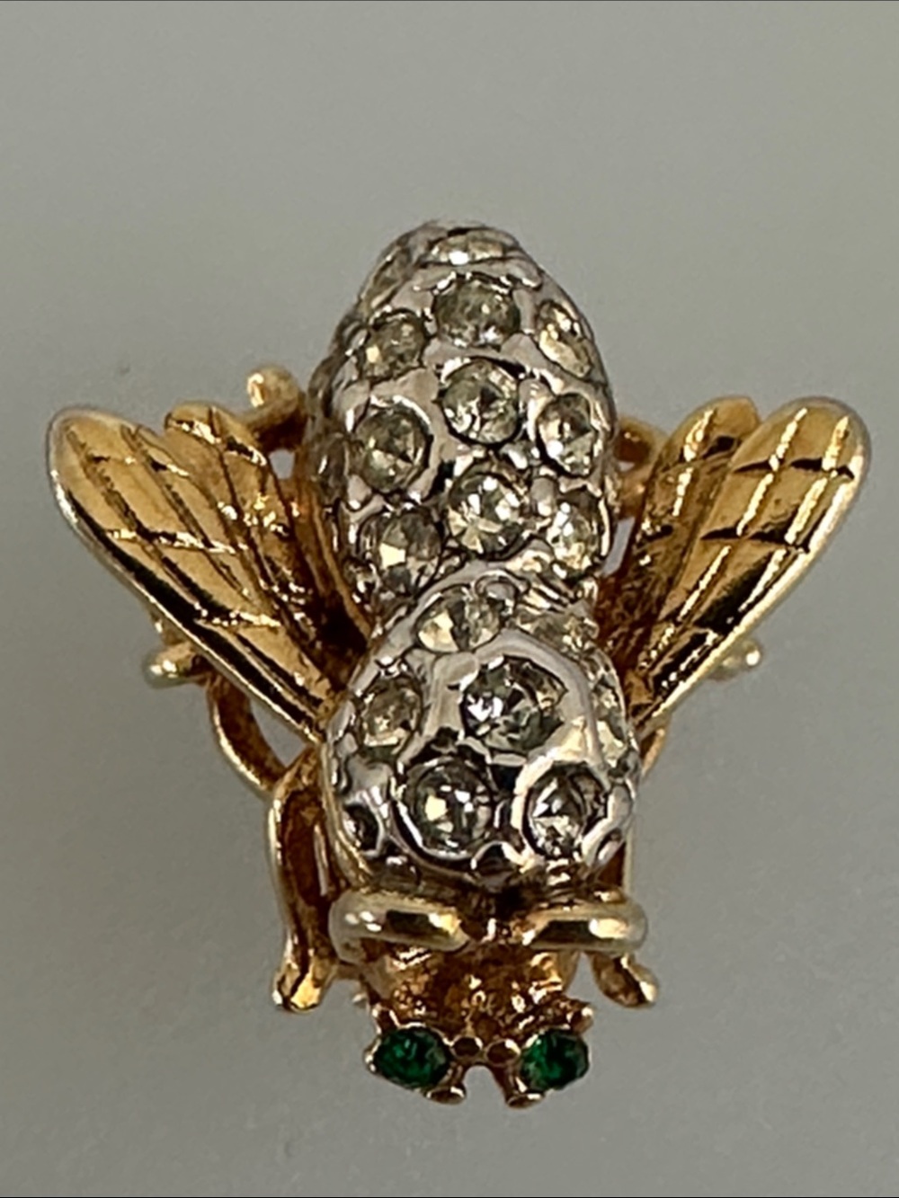Gold and Silver Bee Brooch with Green Accent